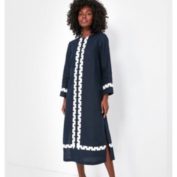 Tuckernuck Designer Dress Womens M Navy 3/4 Sleeve Linen Embroidered Hartman NWT - Picture 2 of 16
